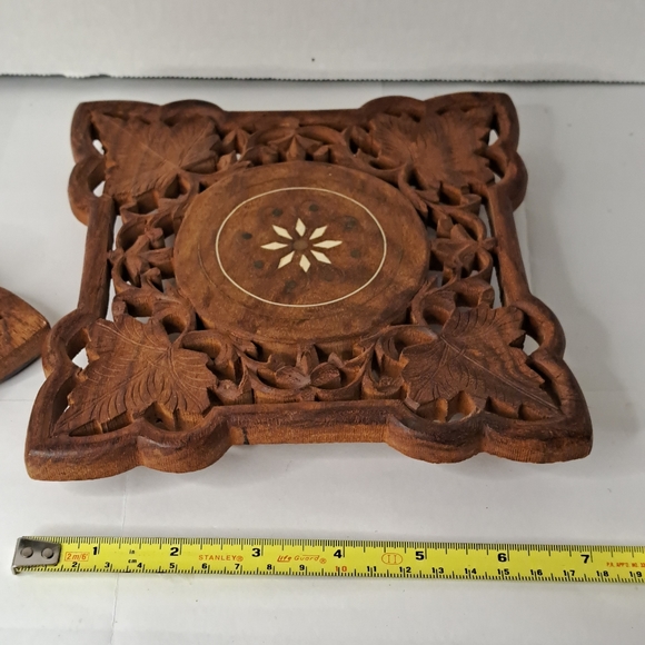Vintage Footed Wooden Trivet Hot Plate hand  Carved Inlaid Made in India - Picture 2 of 11